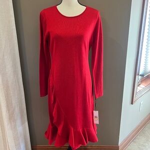 NWT Calvin Klein Women's Red Sweater Midi Ruffle Dress, Size Medium